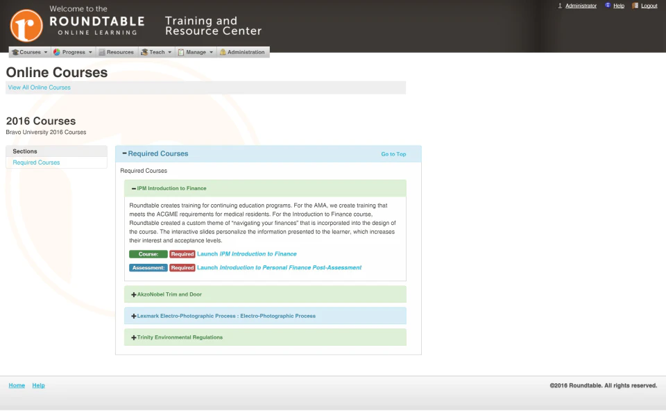 screenshot of Roundtable Online Learning LMS